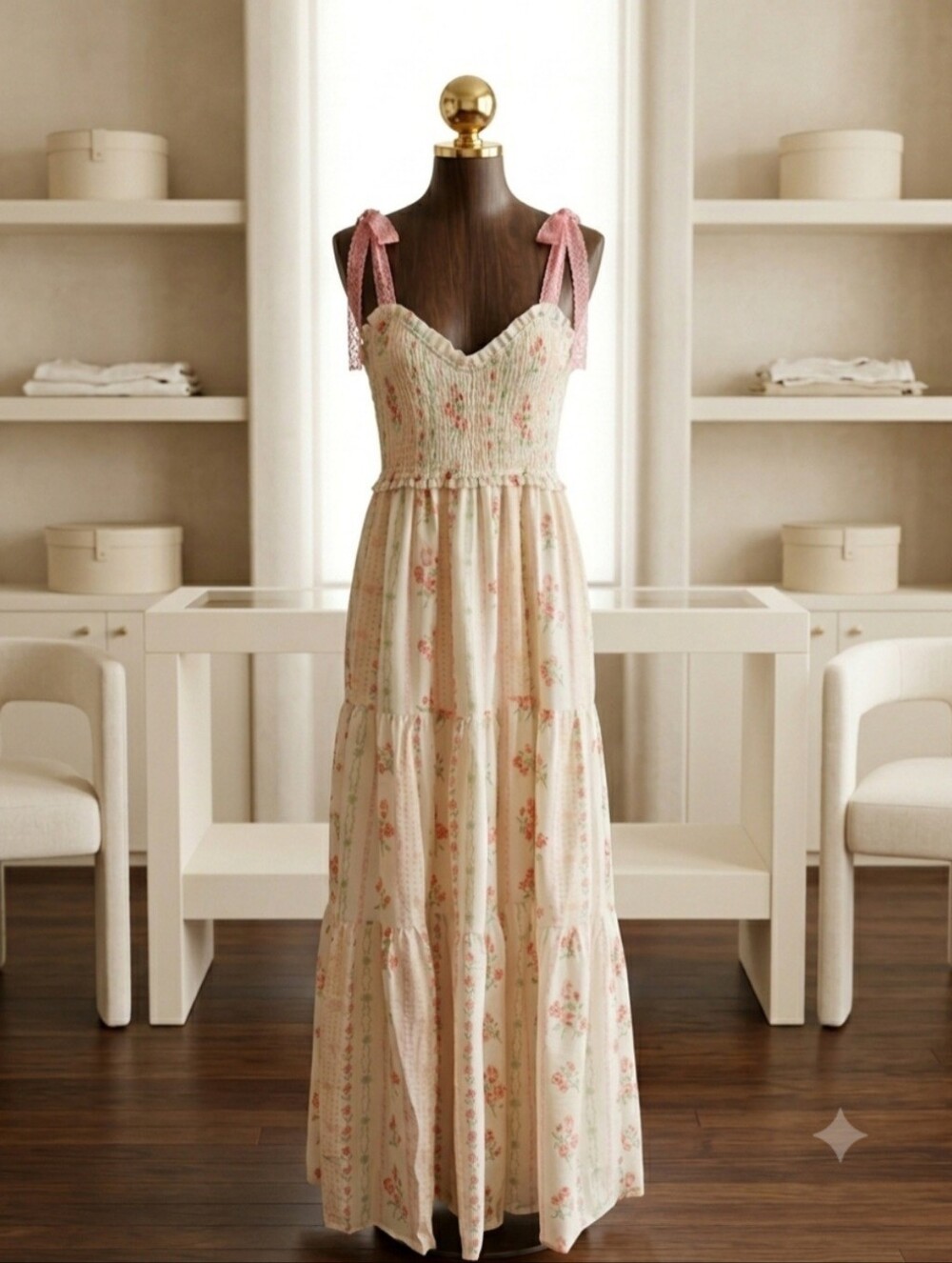 J.NNA Med Rose Stripe Smocked Maxi Dress Cottagecore Romantic